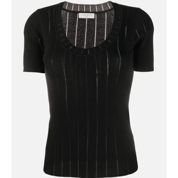 Sandro Paris Women's Jaina Black Ribbed Knit Short Sleeve, Size 1, Like New - Picture 1 of 6